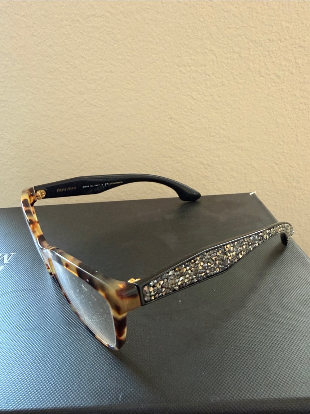 Miu Miu Tortoiseshell Glasses with Silver Crystal-Embellished Temples